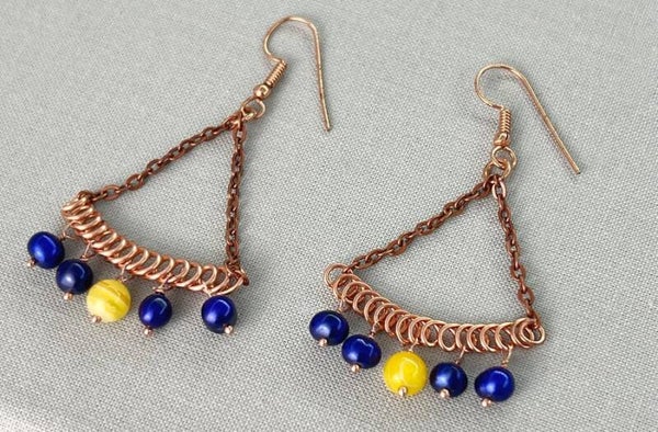 Copper Chandelier Earrings with Blue Pearls & Banded Agate