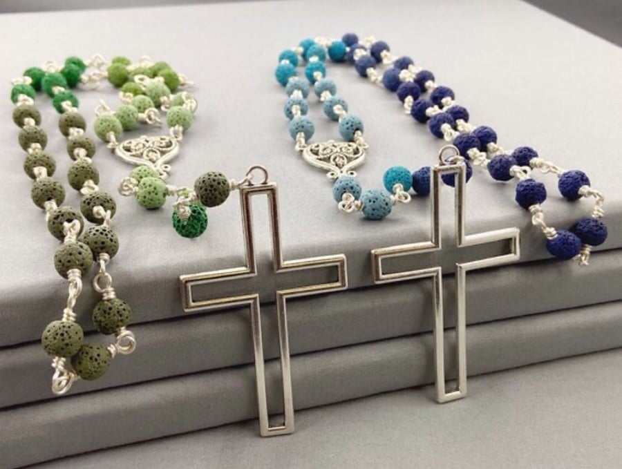 Lava Rock & Silver Gothic Rosary Necklace
