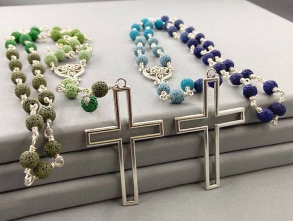 Lava Rock & Silver Gothic Rosary Necklace