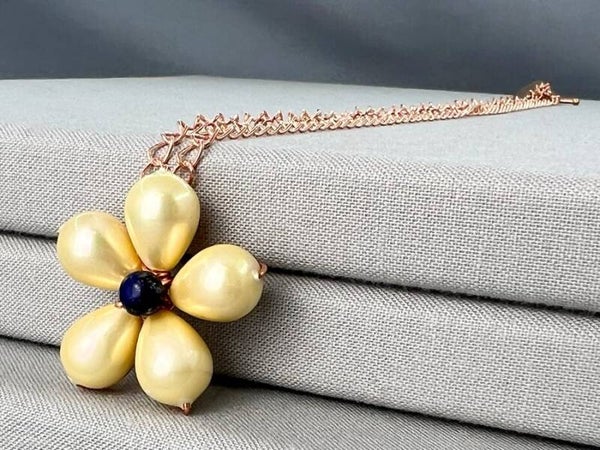 Lemon Pearl & Lapis Lazuli Flower Necklace