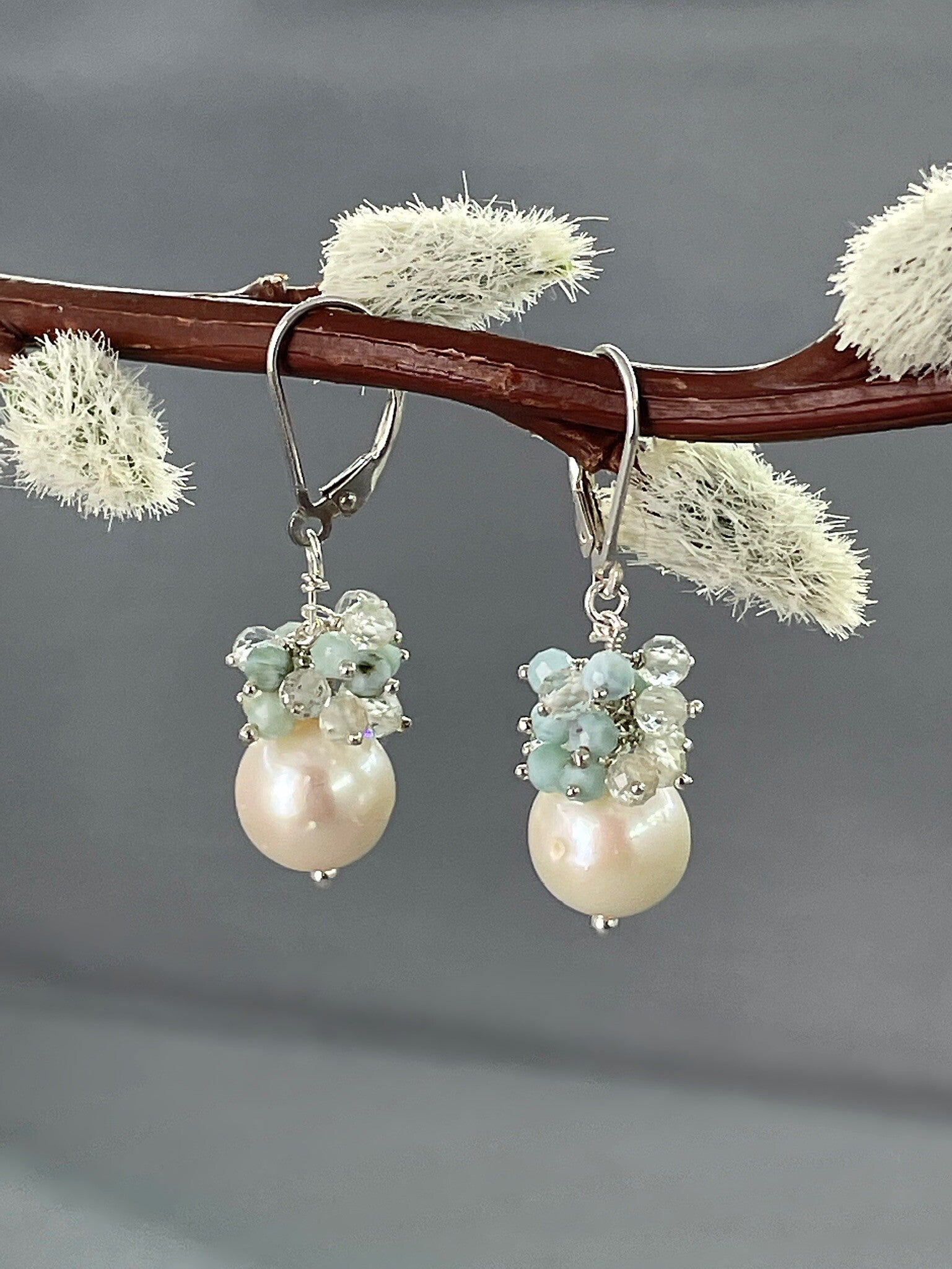 Larimar & Pearl Cluster Drop Earrings