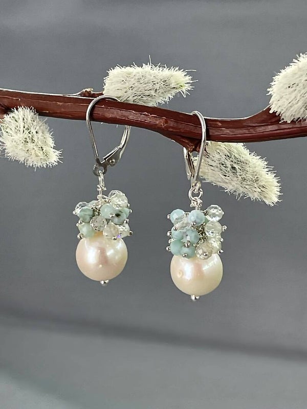 Larimar & Pearl Cluster Drop Earrings