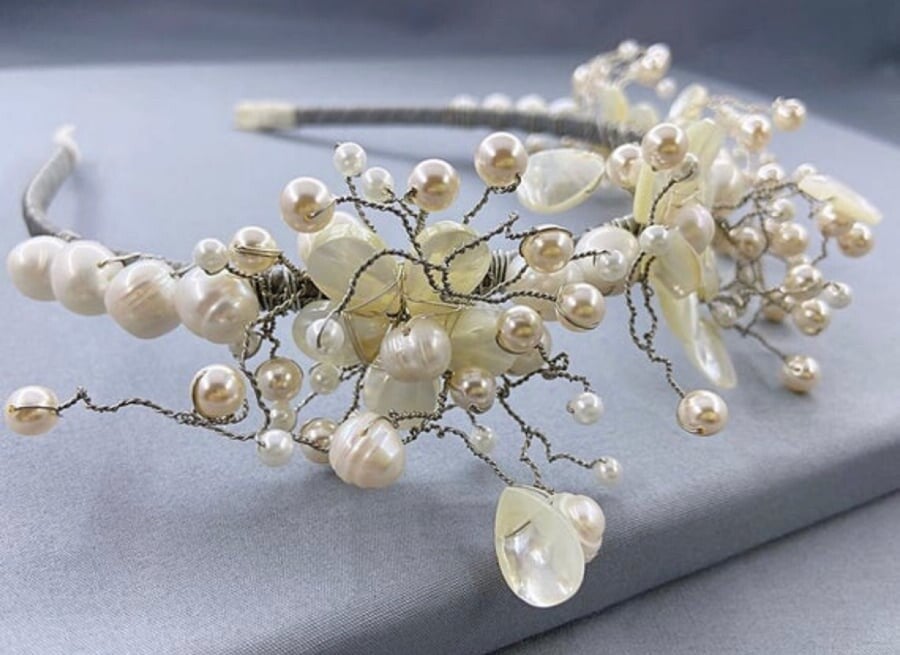 One of a Kind Pearl Bridal Tiara | Shell Pearl Flowers & Swarovski Crystal Wedding Crown
