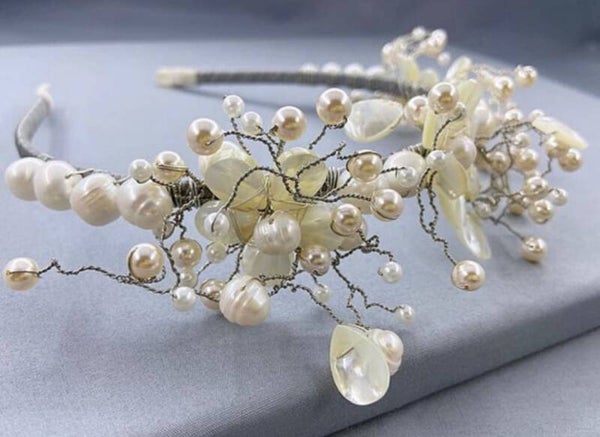 One of a Kind Pearl Bridal Tiara | Shell Pearl Flowers & Swarovski Crystal Wedding Crown