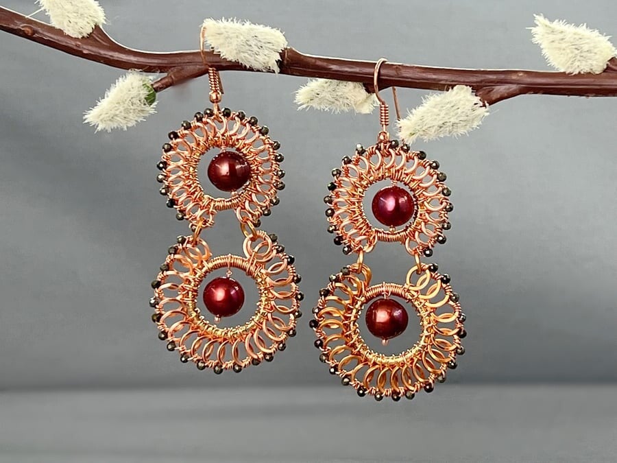 Copper Coil & Brown Pearl Statement Earrings