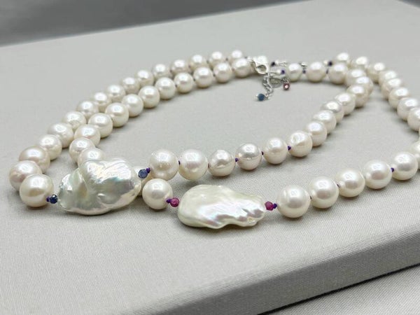 Pearl Necklace with Choice of Ruby or Sapphire