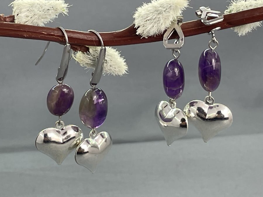 Amethyst & Silver Heart Drop Earrings