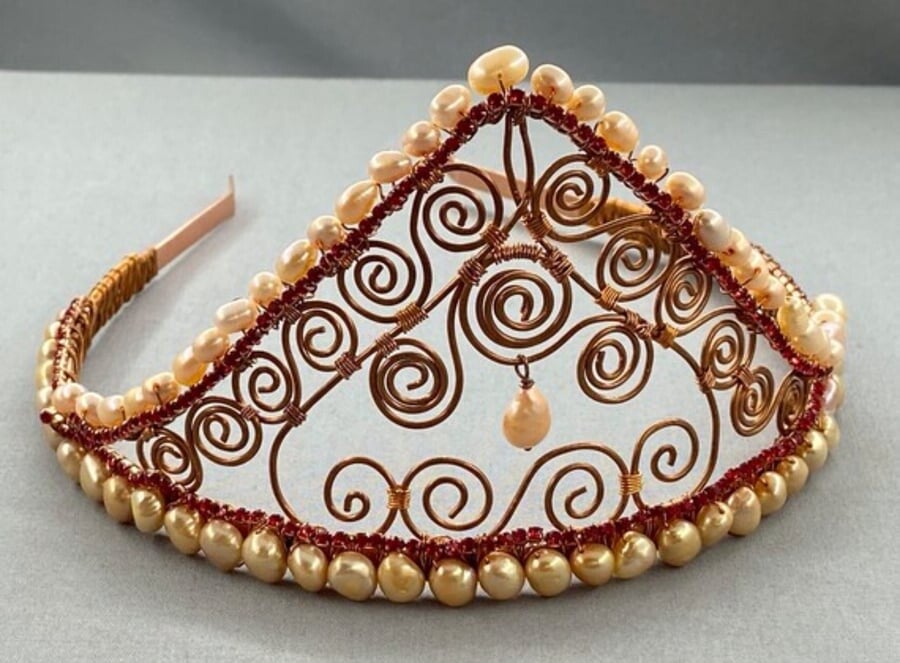 One of a Kind Pearl Bridal Tiara | Handmade Copper Wire & Crystal Wedding Crown