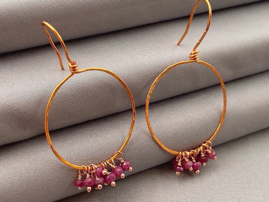 Natural Ruby Hammered Copper Hoop Earrings