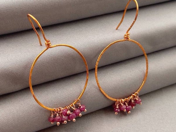 Natural Ruby Hammered Copper Hoop Earrings