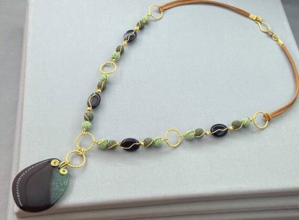 Black Agate & Green Lava Stone Boho Statement Necklace