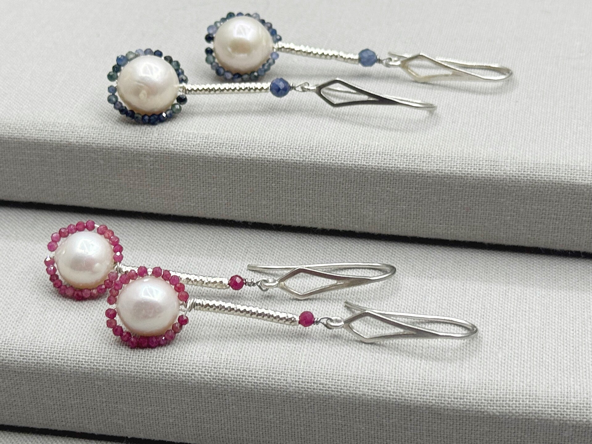 Pearl & Gemstone Drop Earrings – Choice of Ruby or Sapphire