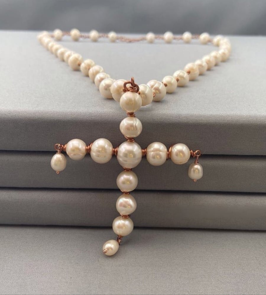 Ivory Near-Round Pearl Cross Necklace