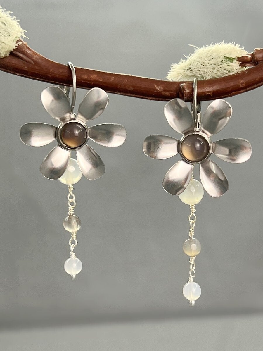 Stainless Steel Flower & Grey Agate Earrings