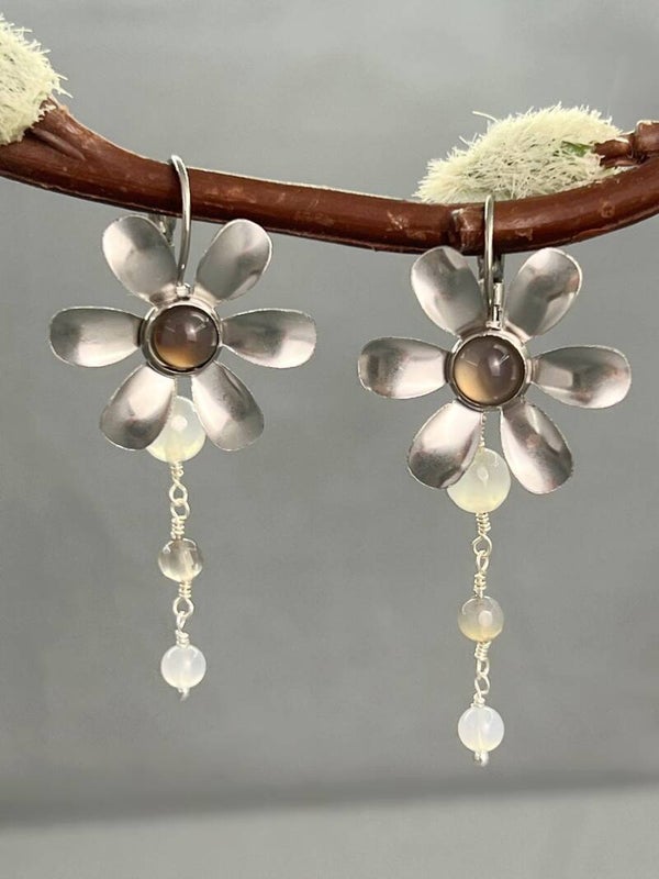 Stainless Steel Flower & Grey Agate Earrings