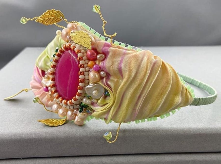 One-of-a-Kind Pink Agate & Shibori Silk Headpiece