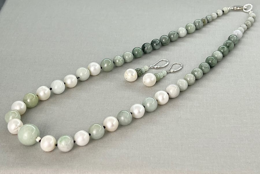 Burmese Jadeite & Cultured Pearl Necklace & Earrings Set