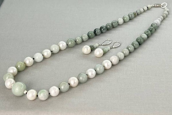 Burmese Jadeite & Cultured Pearl Necklace & Earrings Set