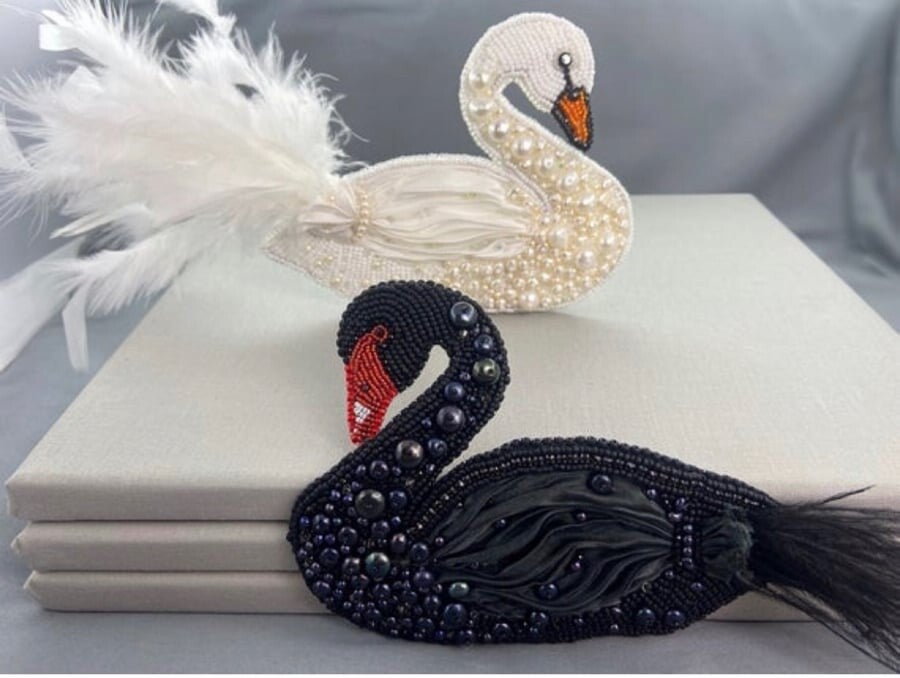 Hand-Embroidered Beaded Swan Brooch
