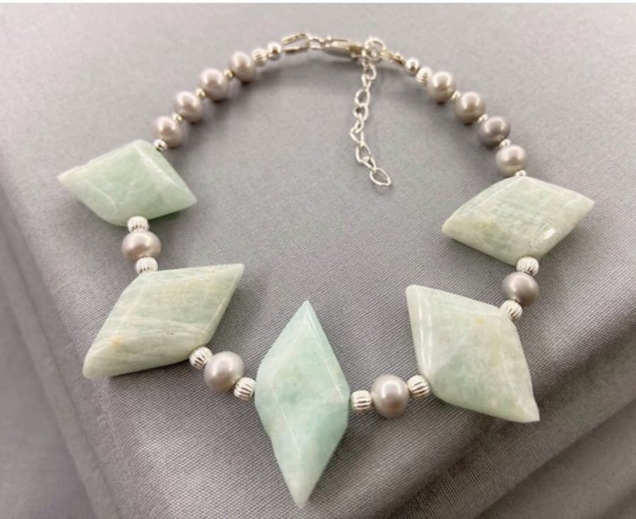 Amazonite & Silver Pearl Bridal Bracelet
