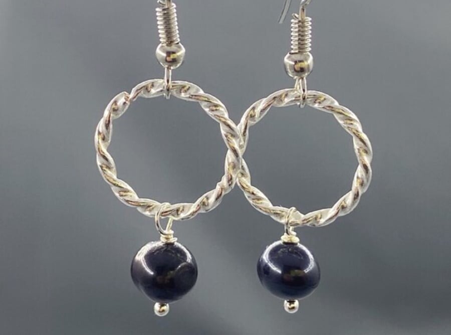 Black Pearl & Silver Hoop Earrings