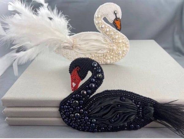 Hand-Embroidered Beaded Swan Brooch
