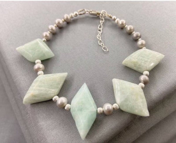 Amazonite & Silver Pearl Bridal Bracelet