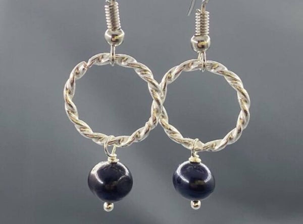 Black Pearl & Silver Hoop Earrings
