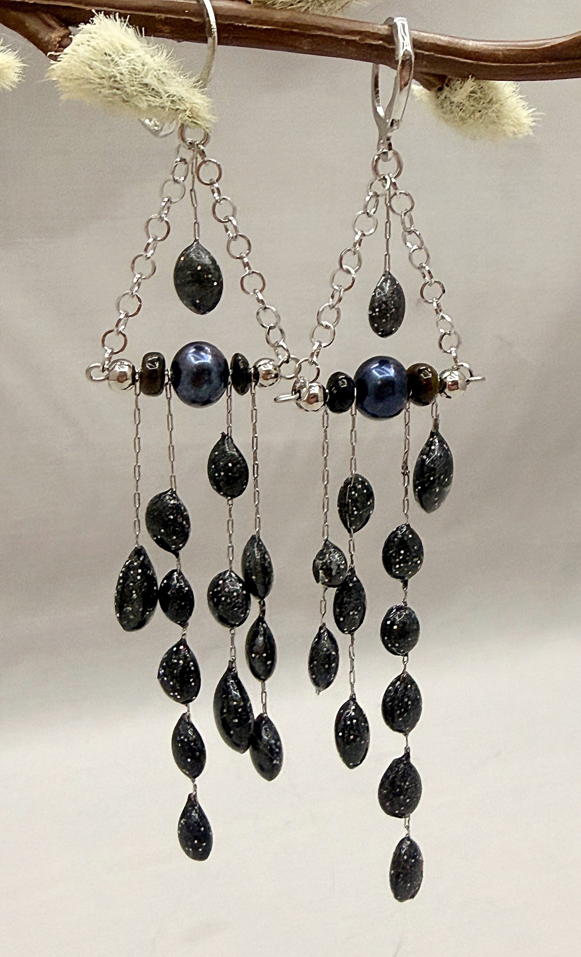 Midnight Pearl & Stardust Chandelier Earrings With Black Opals