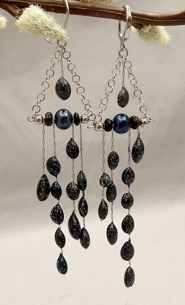 Midnight Pearl & Stardust Chandelier Earrings With Black Opals
