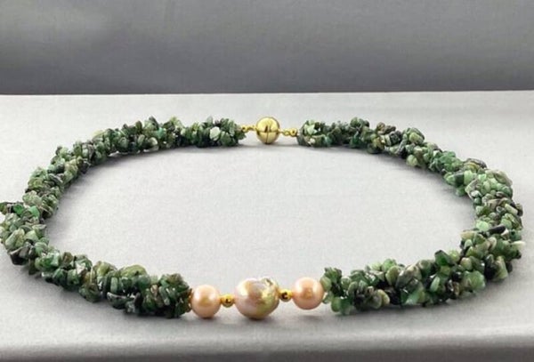 Emerald & Gold Pearl Twisted Rope Necklace
