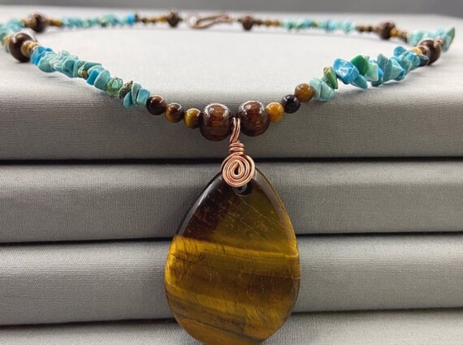 Turquoise & Tiger’s Eye Boho Statement Necklace