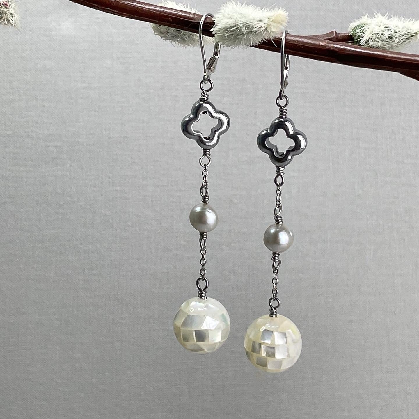 Elegant Pearl, Hematite & Mosaic Shell Drop Earrings