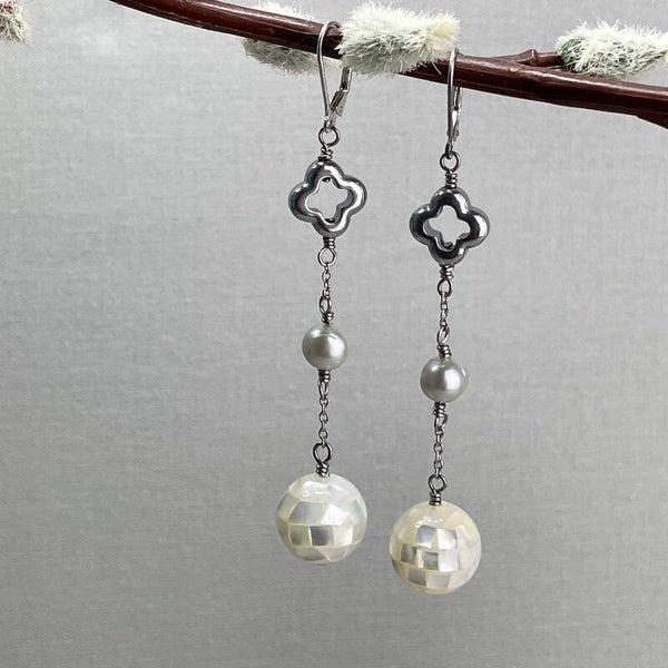 Elegant Pearl, Hematite & Mosaic Shell Drop Earrings