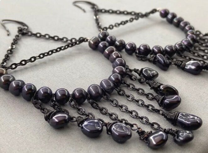 Black Peacock Pearl Chandelier Earrings