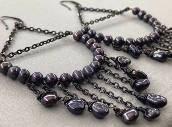 Black Peacock Pearl Chandelier Earrings