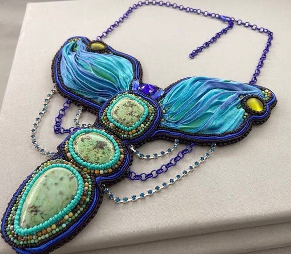 Turquoise, Shibori Silk & Crystal Beaded Statement Bib Necklace