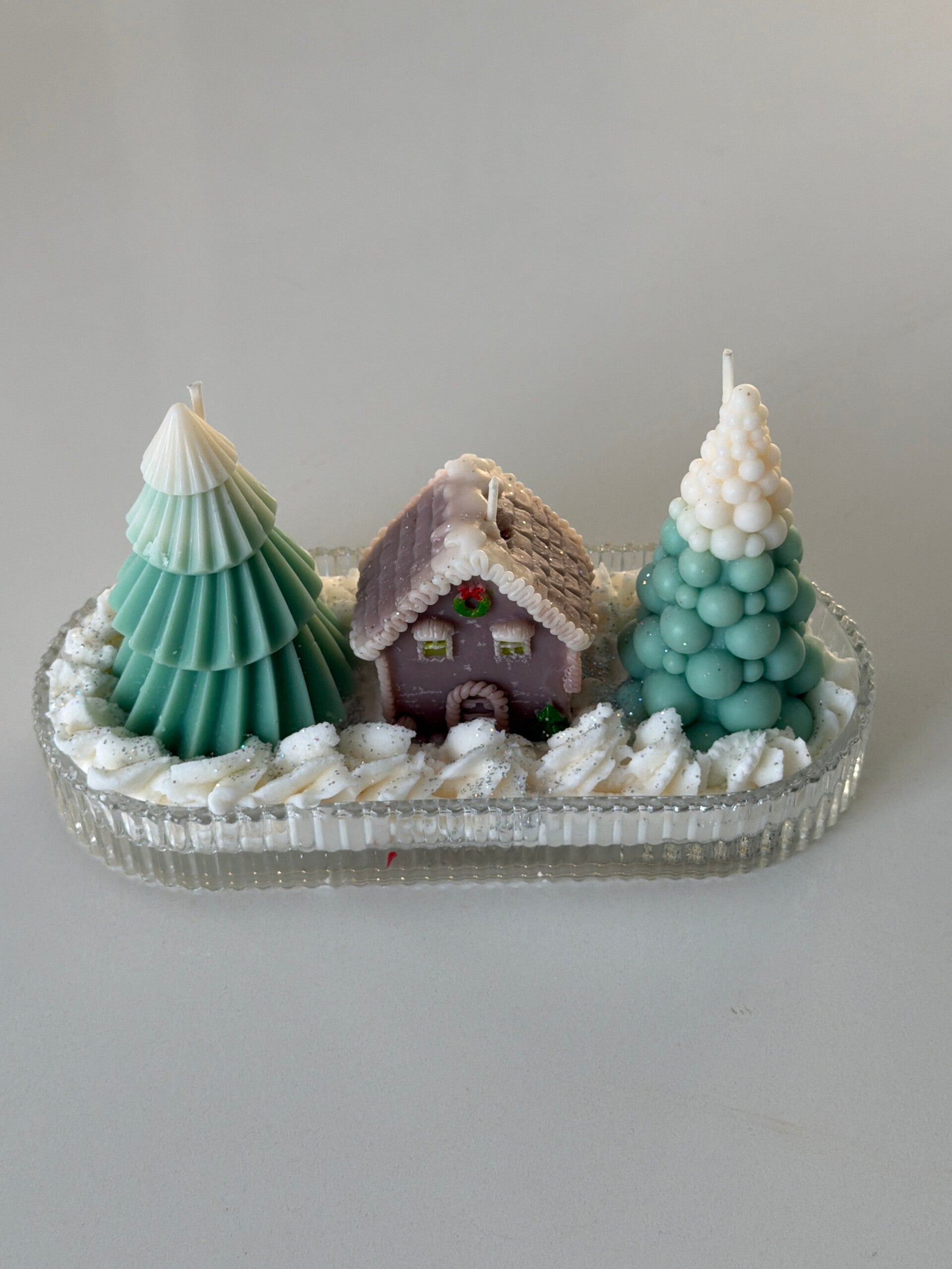 Bougie plateau en verre petit chalet