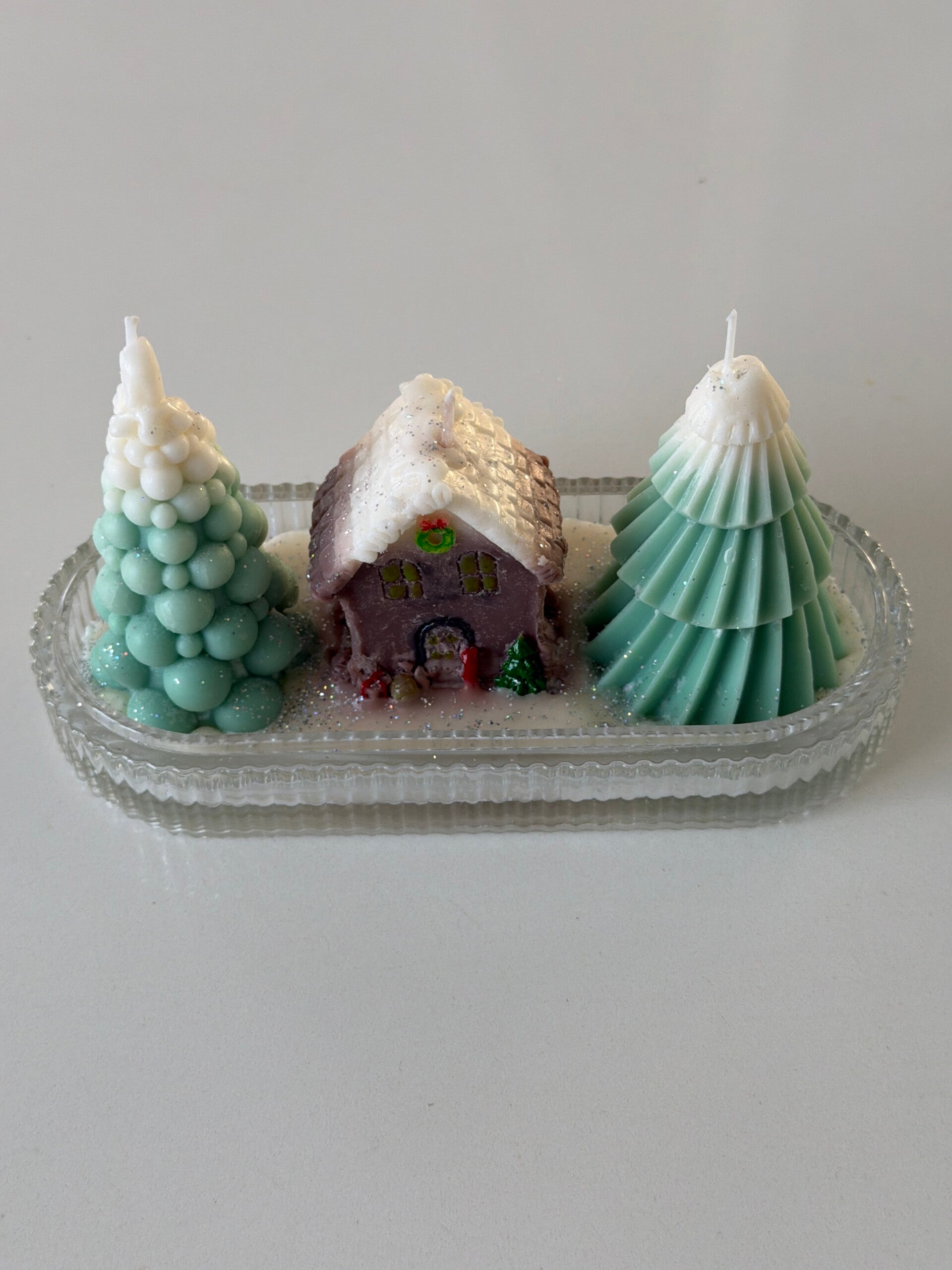 Bougie plateau en verre petit chalet