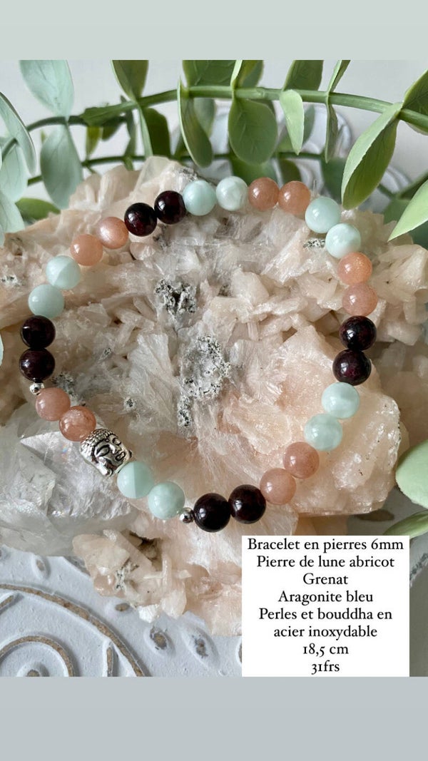 Bracelet Pierre de lune abricot, Grenat, Aragonite bleu