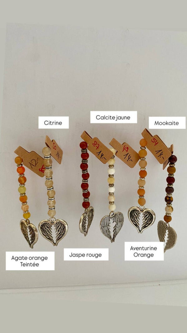 Ailes d’ange Agate orange (teintée), Citrine, Calcite jaune, Aventurine orange, Jaspe rouge, Mookaite