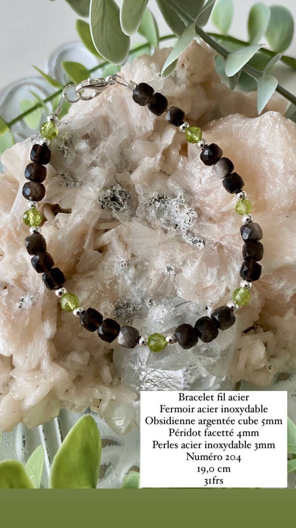 Bracelet Péridot et Obsidienne argentée (numéro 204)