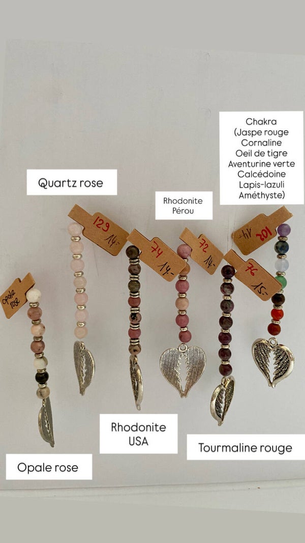 Ailes d’ange Opale rose, Quartz rose, Rhodonite, Tourmaline rouge, Chakra