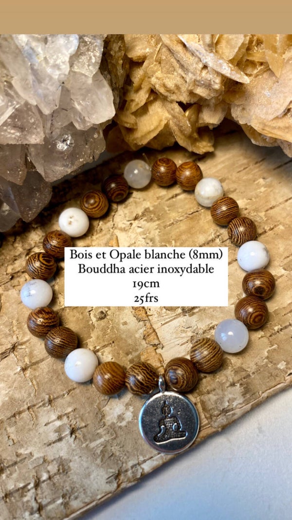 Bracelet Opale blanche et Bois (numéro 80)