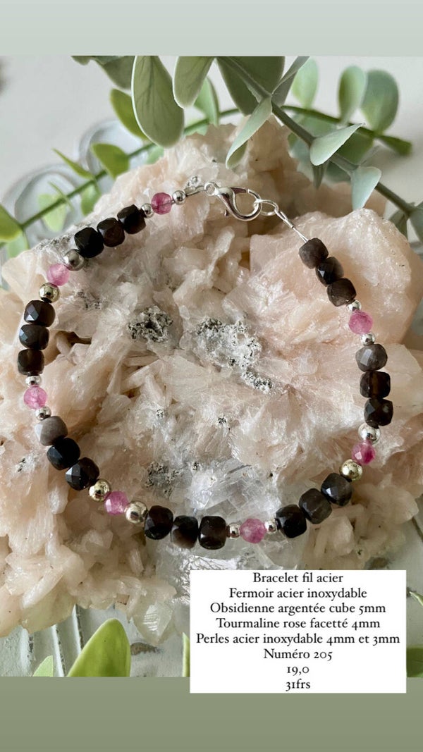 Bracelet Tourmaline rose et Obsidienne argentée (numéro 205)