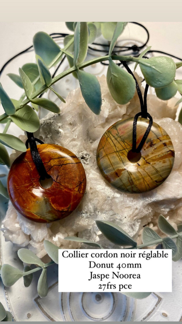 Collier cordon noir réglable, grand Donuts jaspe noorea