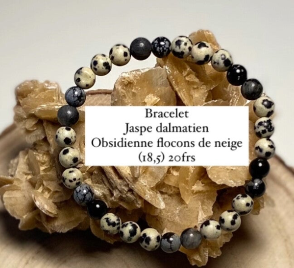 Bracelet Obsidienne flocons de neige et Jaspe dalmatien (numéro 38)
