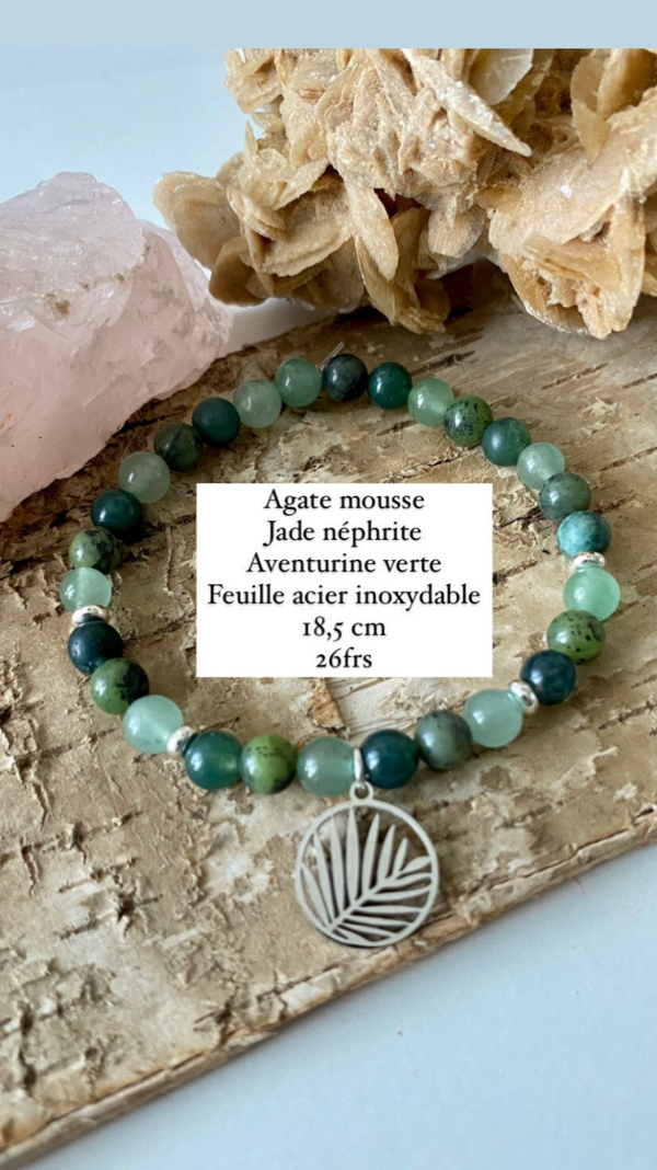 Bracelet Aventurine verte, Jade néphrite et Agate mousse (numéro 55)