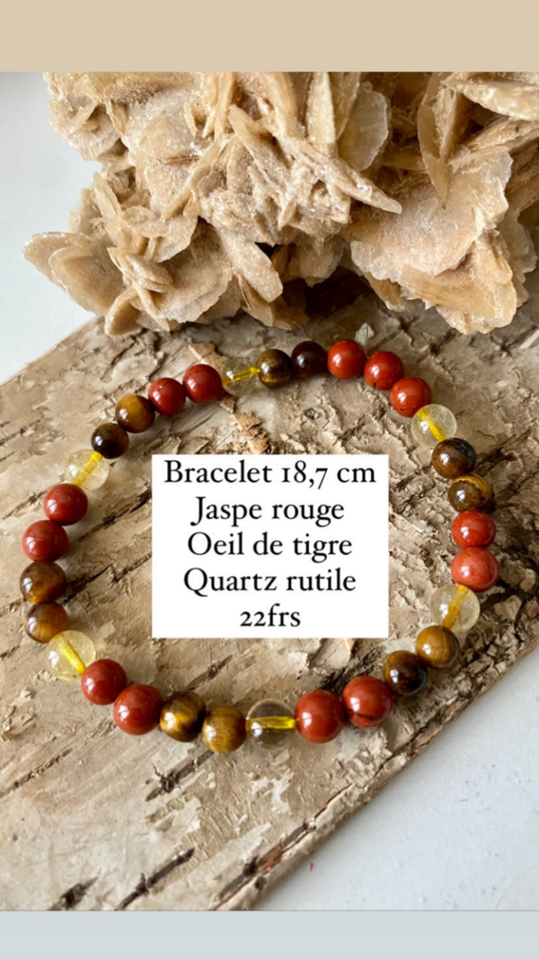 Bracelet en Oeil de tigre, Jaspe rouge, Quartz rutilé (numéro 100)