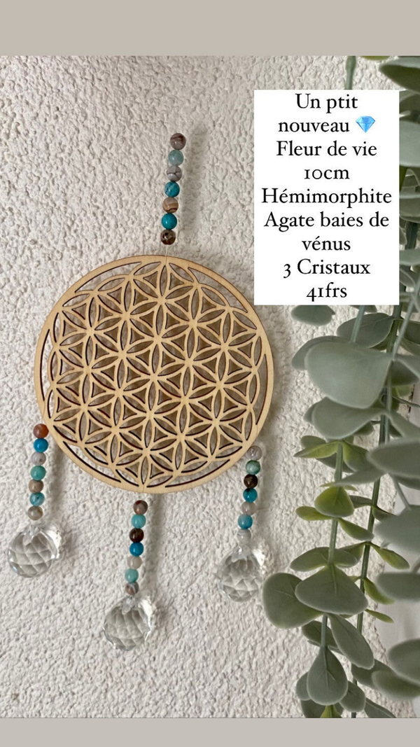Attrape rêve/capteur de lumière fleur de vie  Hémimorphite, Agate baies de vénus